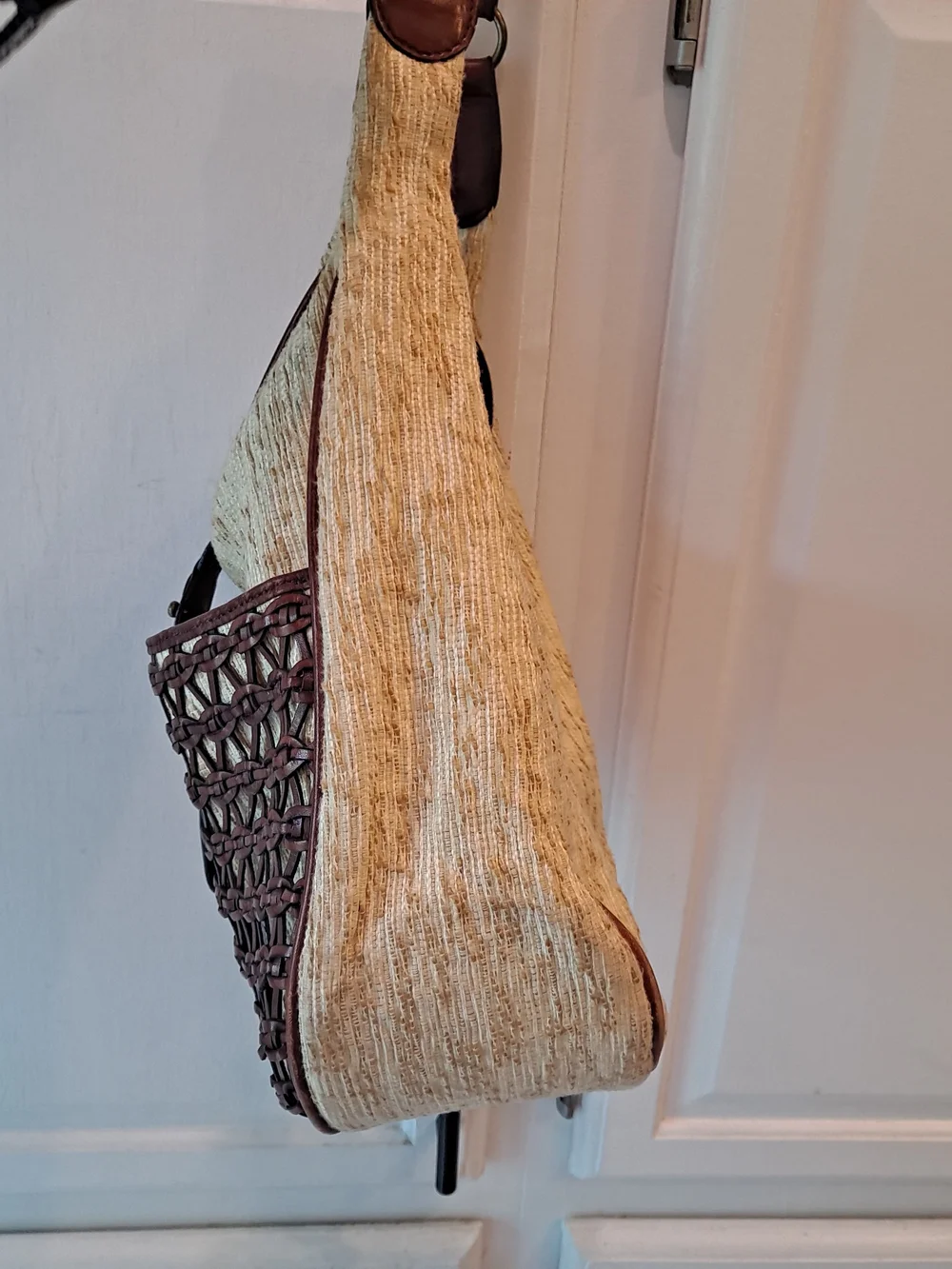 Etienne Aigner Vintage Cream Cotton Jute Brown Woven Leather Hobo Shoulder Bag